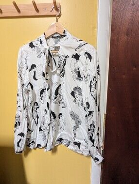 Soft, Flowy, Retro-style Tie-neck Tattoo Blouse